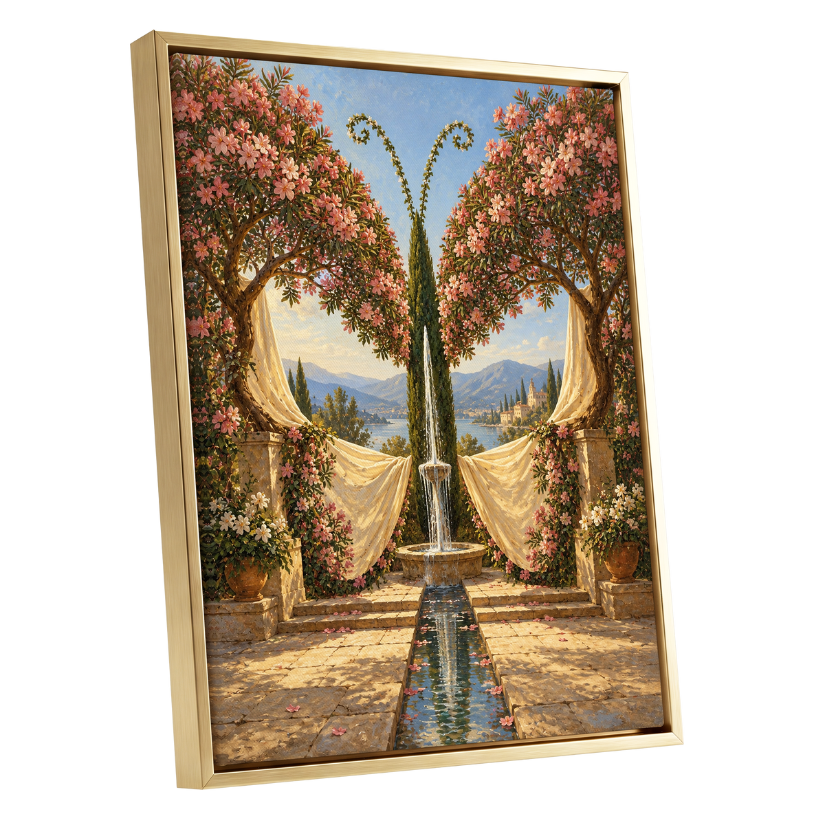 The Petal Courtyard, pink, green, beige floral wall art shown as a gold framed canvas wall art
