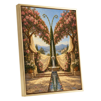 The Petal Courtyard, pink, green, beige floral wall art shown as a gold framed canvas wall art