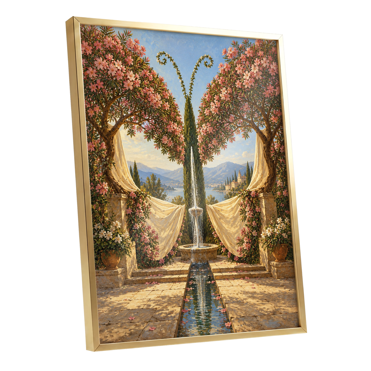 The Petal Courtyard, pink, green, beige floral wall art shown as a gold framed poster wall art print