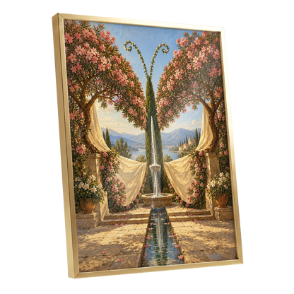 The Petal Courtyard, pink, green, beige floral wall art shown as a gold framed poster wall art print