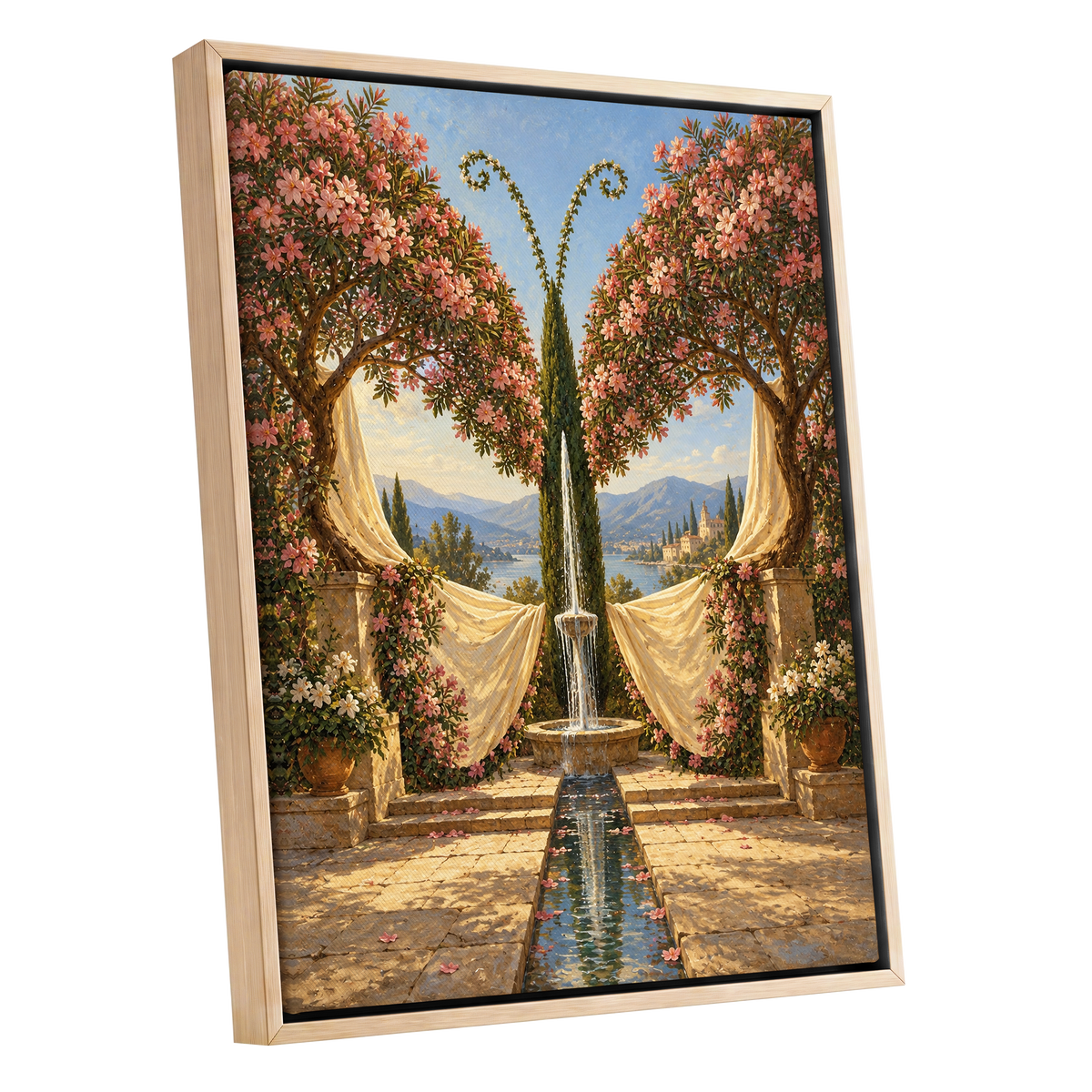 The Petal Courtyard, pink, green, beige floral wall art shown as a oak framed canvas wall art
