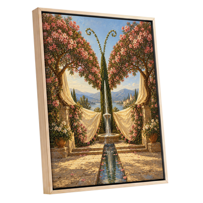 The Petal Courtyard, pink, green, beige floral wall art shown as a oak framed canvas wall art