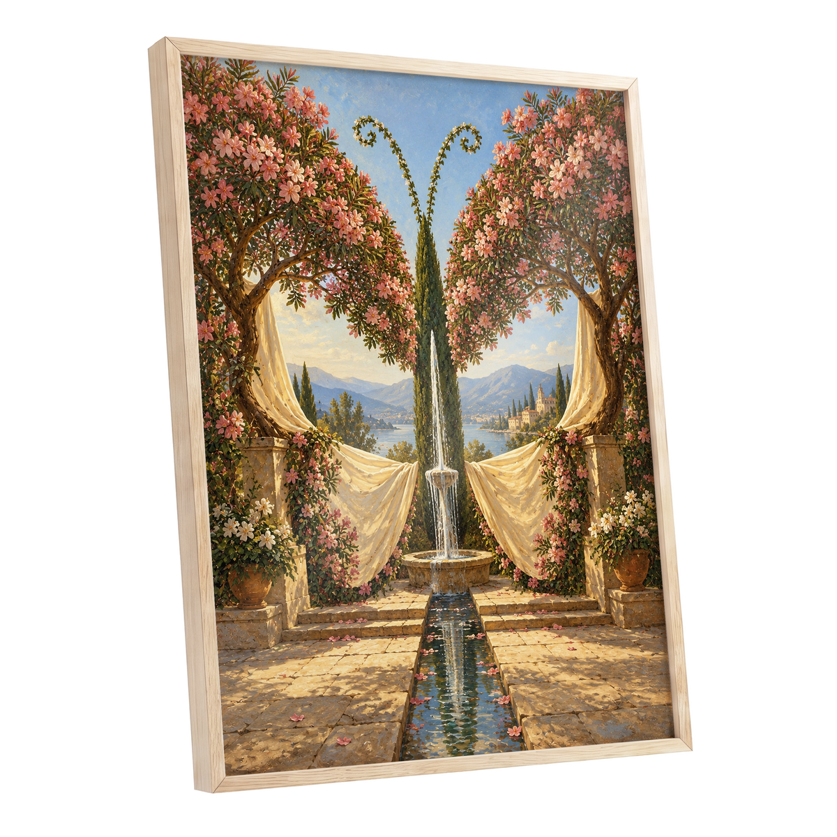 The Petal Courtyard, pink, green, beige floral wall art shown as a oak framed poster wall art print