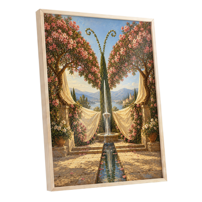 The Petal Courtyard, pink, green, beige floral wall art shown as a oak framed poster wall art print