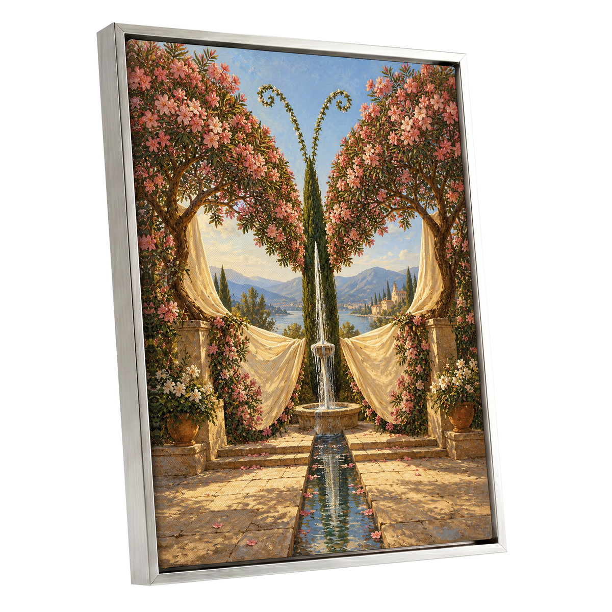 The Petal Courtyard, pink, green, beige floral wall art shown as a silver framed canvas wall art