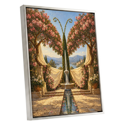 The Petal Courtyard, pink, green, beige floral wall art shown as a silver framed canvas wall art