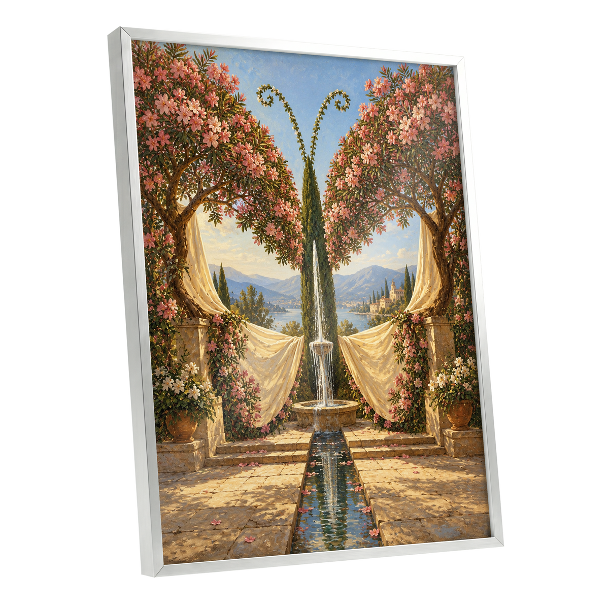 The Petal Courtyard, pink, green, beige floral wall art shown as a silver framed poster wall art print