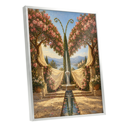 The Petal Courtyard, pink, green, beige floral wall art shown as a silver framed poster wall art print