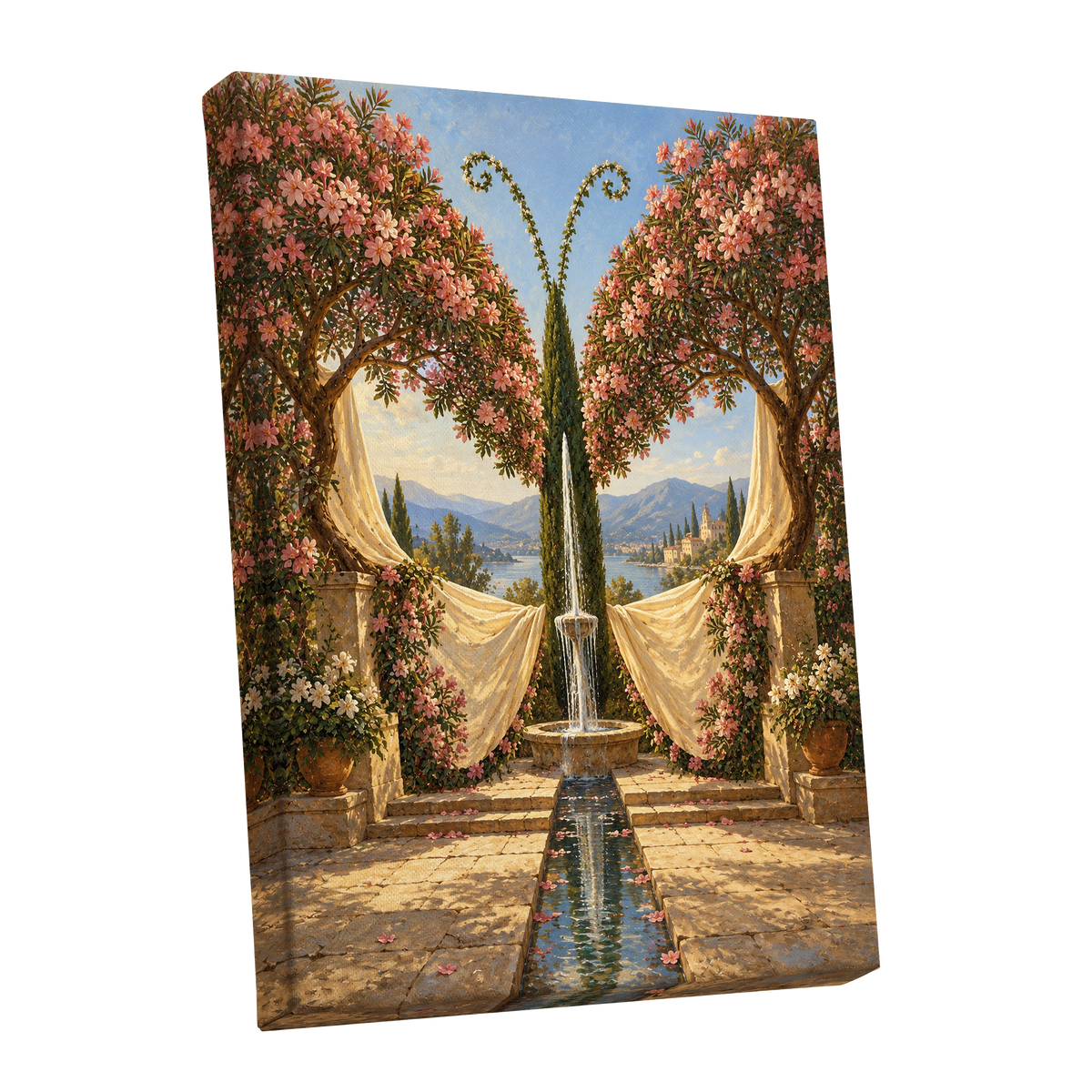The Petal Courtyard, pink, green, beige floral wall art shown as a stretched canvas wall art