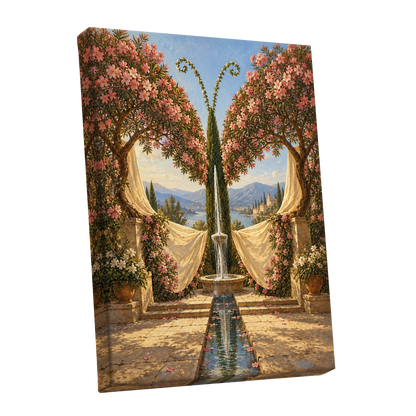 The Petal Courtyard, pink, green, beige floral wall art shown as a stretched canvas wall art