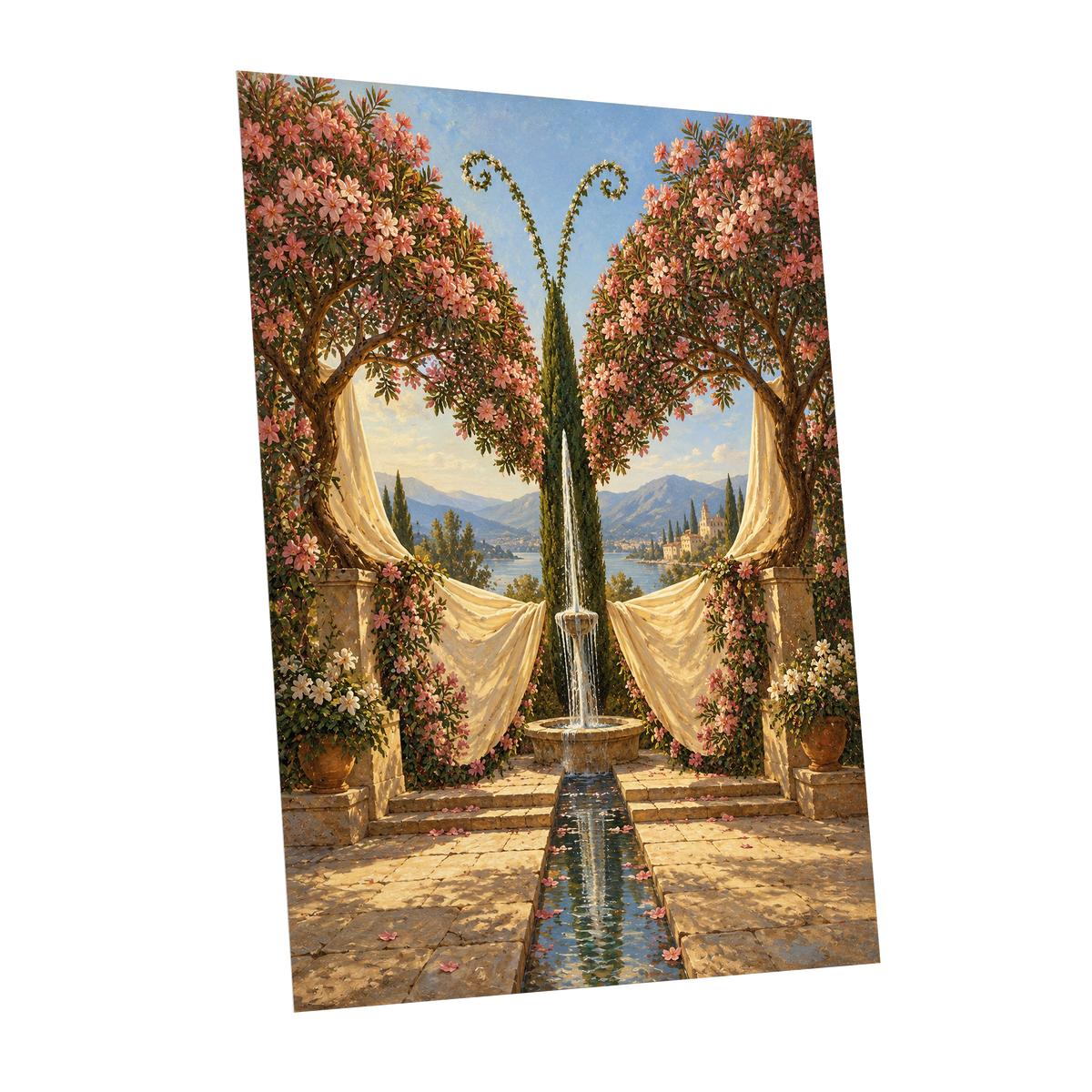 The Petal Courtyard, pink, green, beige floral wall art shown as a unframed poster wall art print