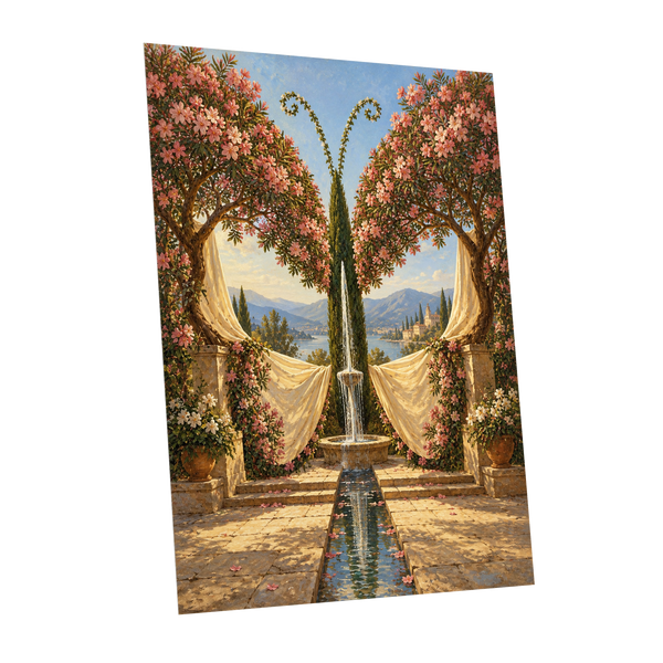 The Petal Courtyard, pink, green, beige floral wall art shown as a unframed poster wall art print