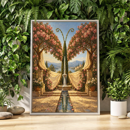 The Petal Courtyard, pink, green, beige floral wall art displayed in a styled interior, gallery view 1