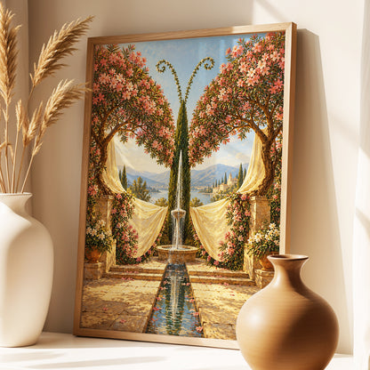 The Petal Courtyard, pink, green, beige floral wall art displayed in a styled interior, gallery view 2