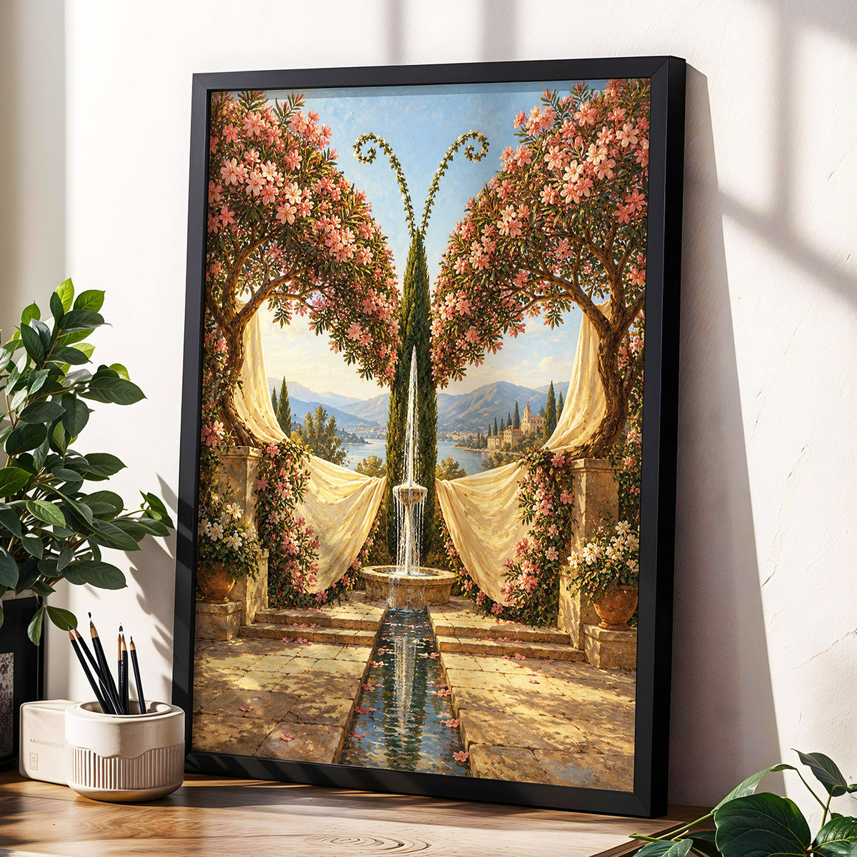 The Petal Courtyard, pink, green, beige floral wall art displayed in a styled interior, gallery view 3