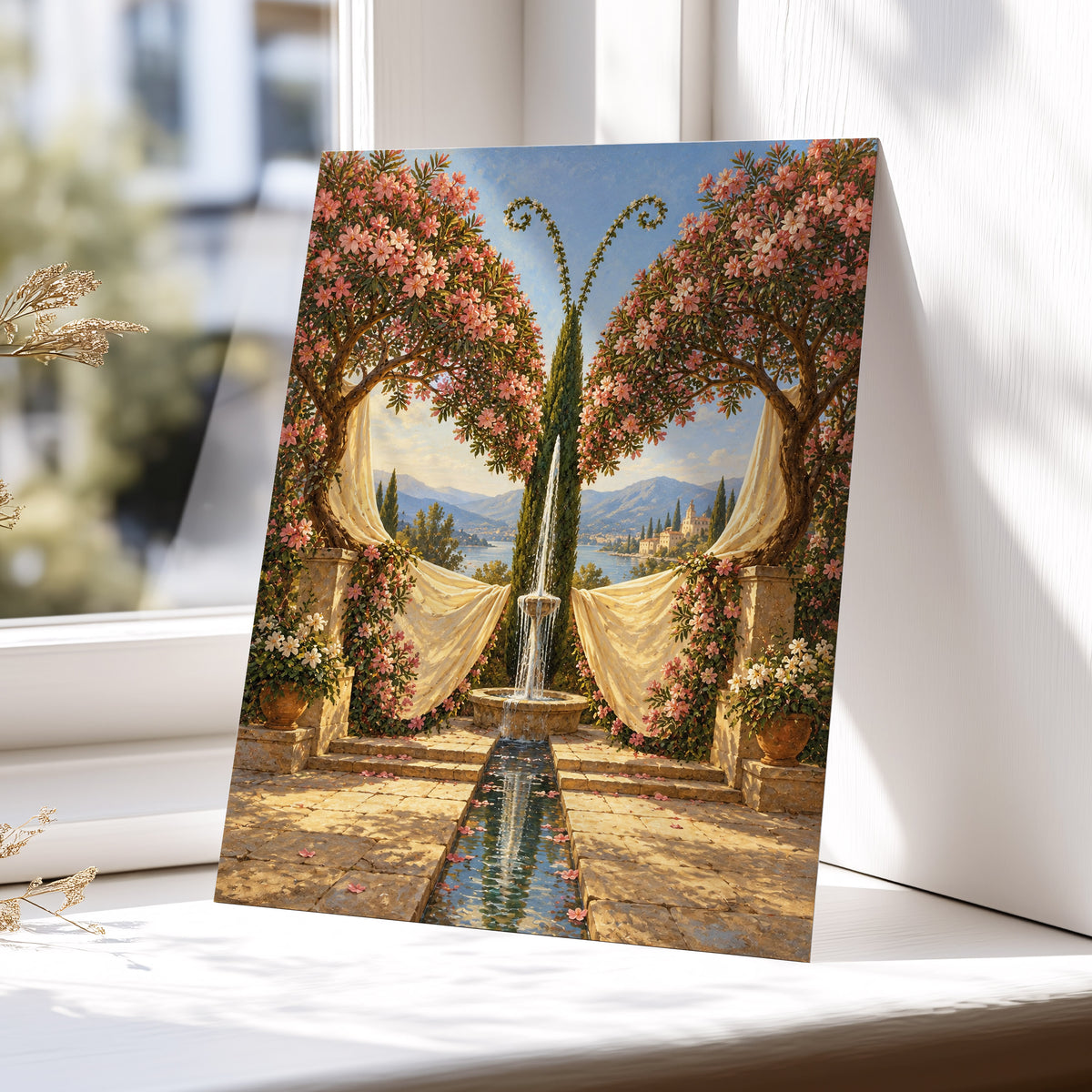 The Petal Courtyard, pink, green, beige floral wall art displayed in a styled interior, gallery view 4