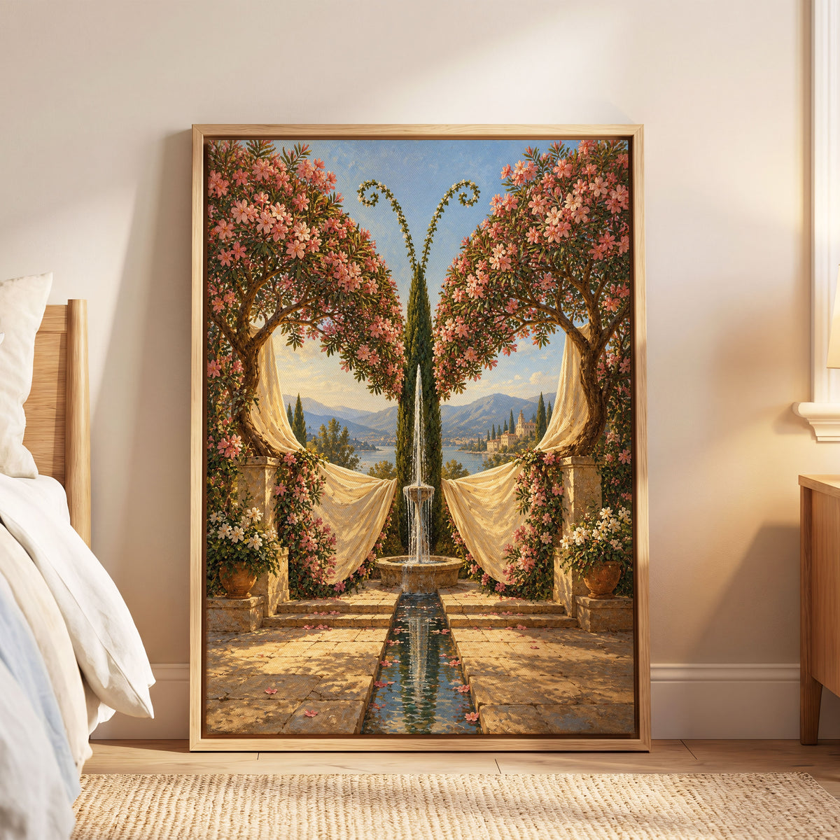 The Petal Courtyard, pink, green, beige floral wall art displayed in a styled interior, gallery view 5