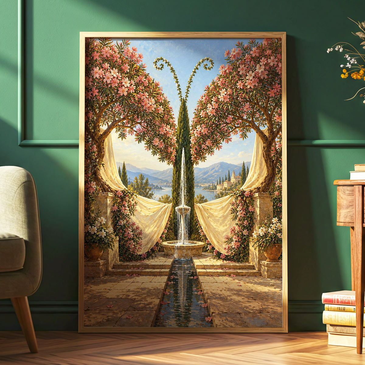 The Petal Courtyard, pink, green, beige floral wall art displayed in a styled interior, gallery view 6