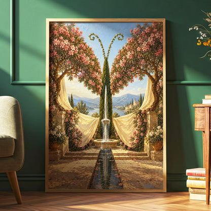 The Petal Courtyard, pink, green, beige floral wall art displayed in a styled interior, gallery view 6