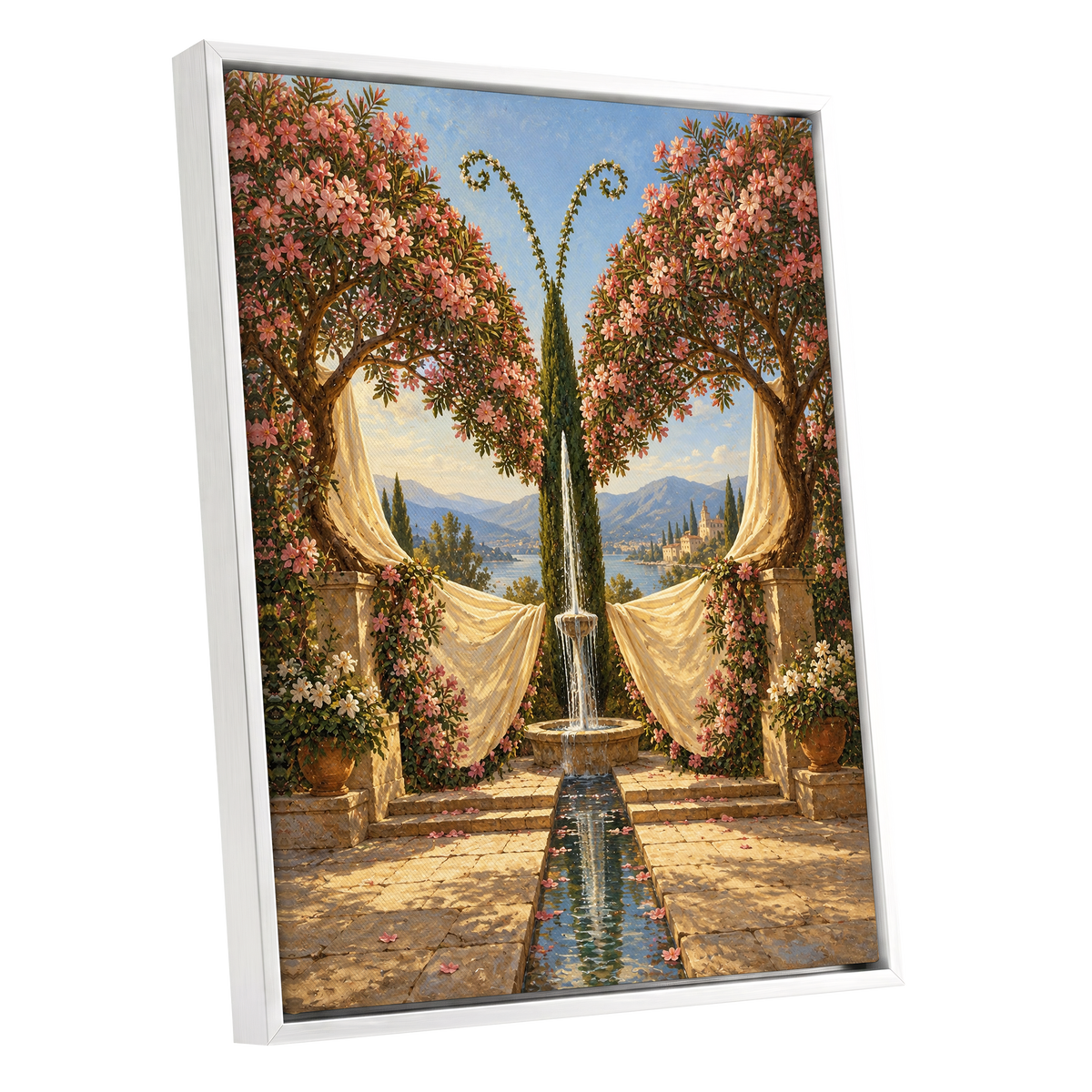 The Petal Courtyard, pink, green, beige floral wall art shown as a white framed canvas wall art