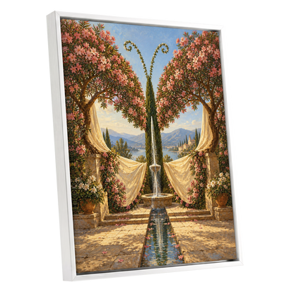 The Petal Courtyard, pink, green, beige floral wall art shown as a white framed canvas wall art
