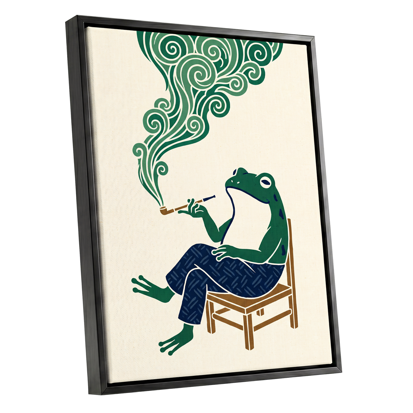 The Pipe-Smoking Frog, green, beige, blue nature wall art shown as a black framed canvas wall art