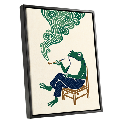 The Pipe-Smoking Frog, green, beige, blue nature wall art shown as a black framed canvas wall art