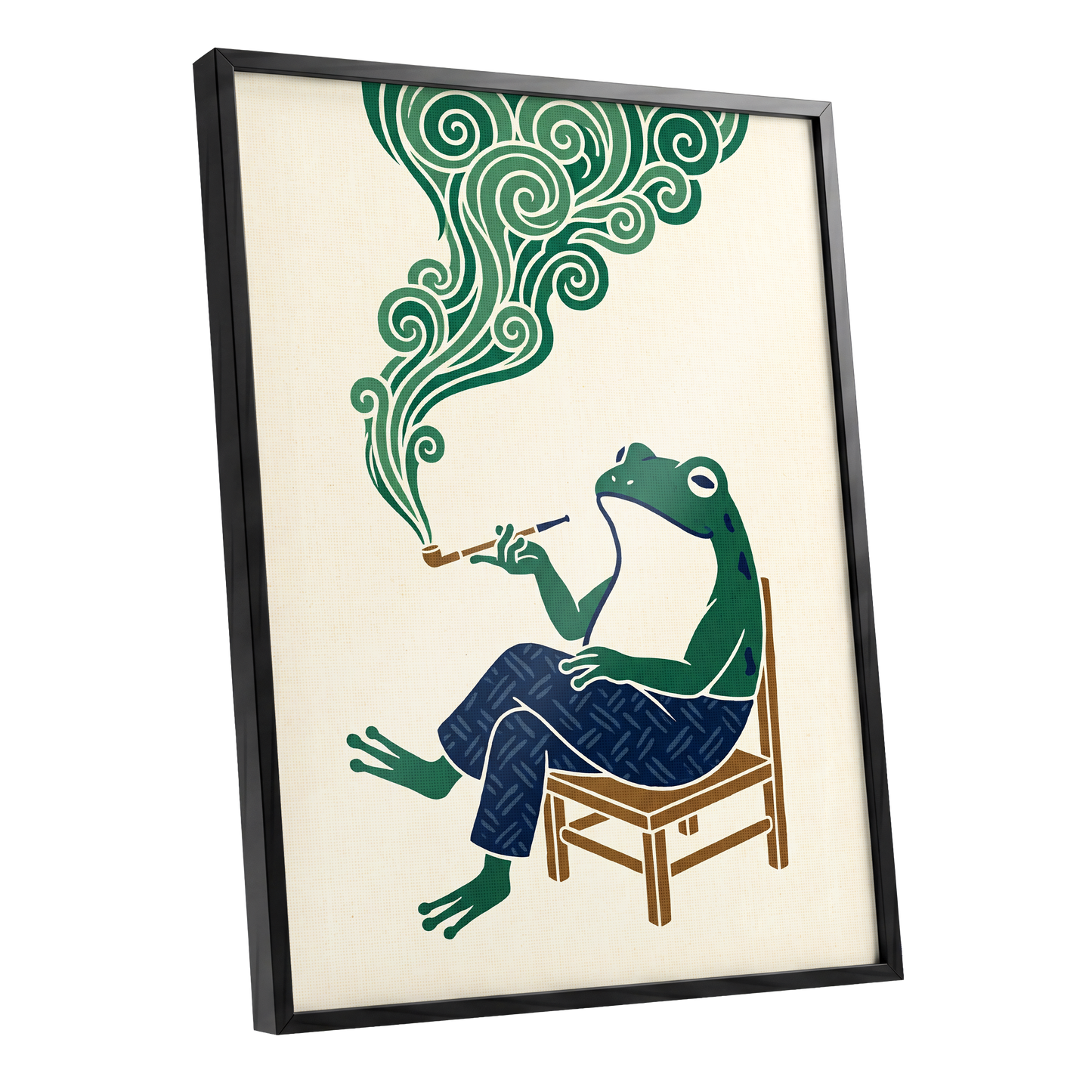 The Pipe-Smoking Frog, green, beige, blue nature wall art shown as a black framed poster wall art print