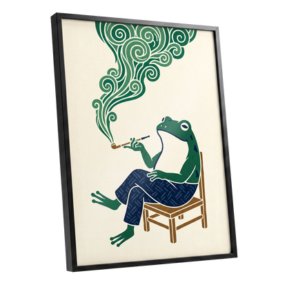 The Pipe-Smoking Frog, green, beige, blue nature wall art shown as a black framed poster wall art print