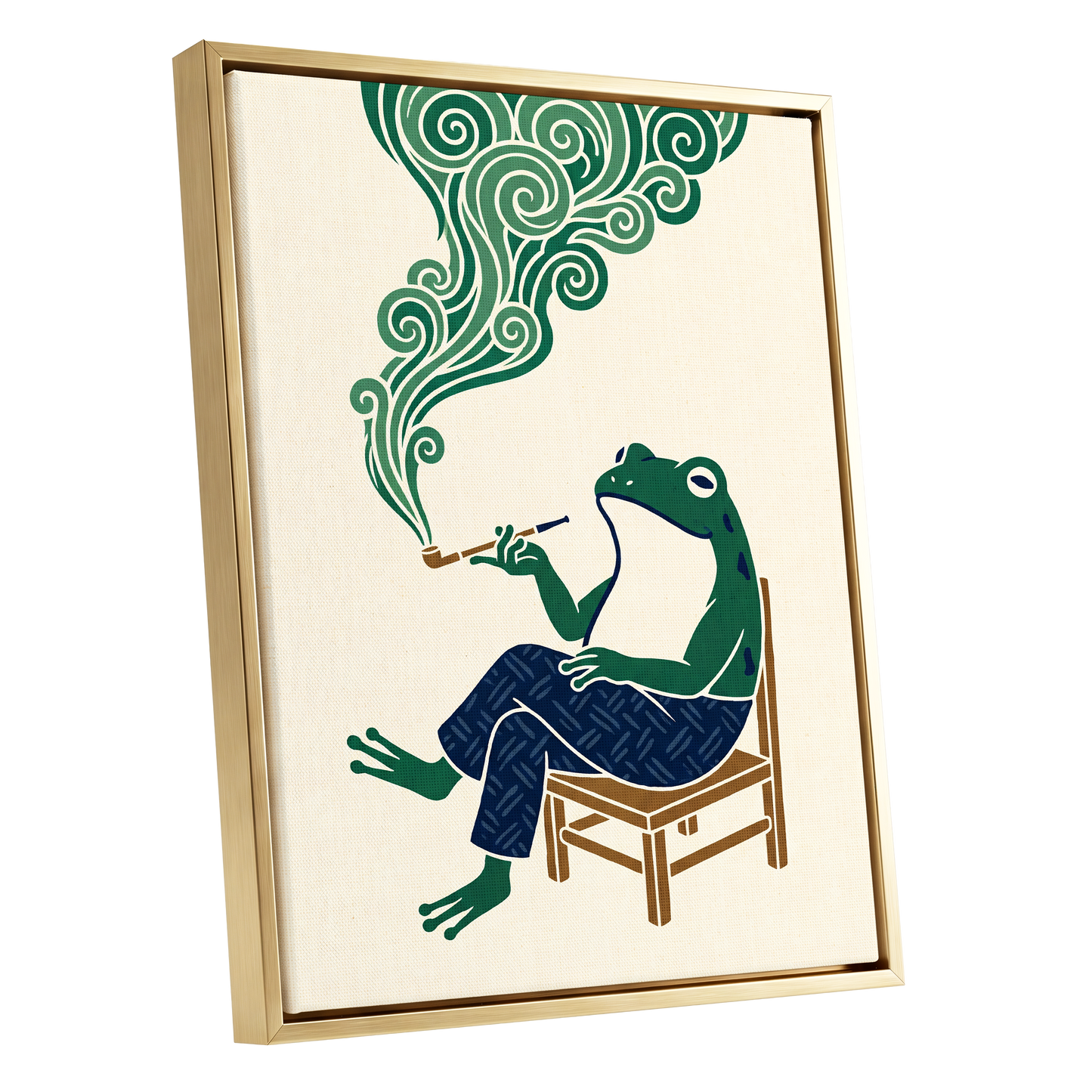 The Pipe-Smoking Frog, green, beige, blue nature wall art shown as a gold framed canvas wall art
