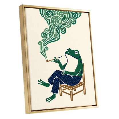 The Pipe-Smoking Frog, green, beige, blue nature wall art shown as a gold framed canvas wall art
