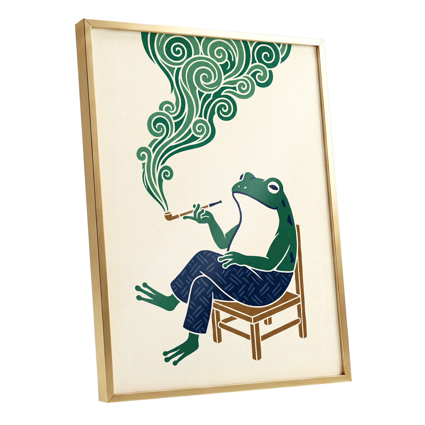 The Pipe-Smoking Frog, green, beige, blue nature wall art shown as a gold framed poster wall art print