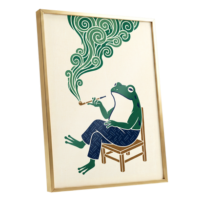 The Pipe-Smoking Frog, green, beige, blue nature wall art shown as a gold framed poster wall art print