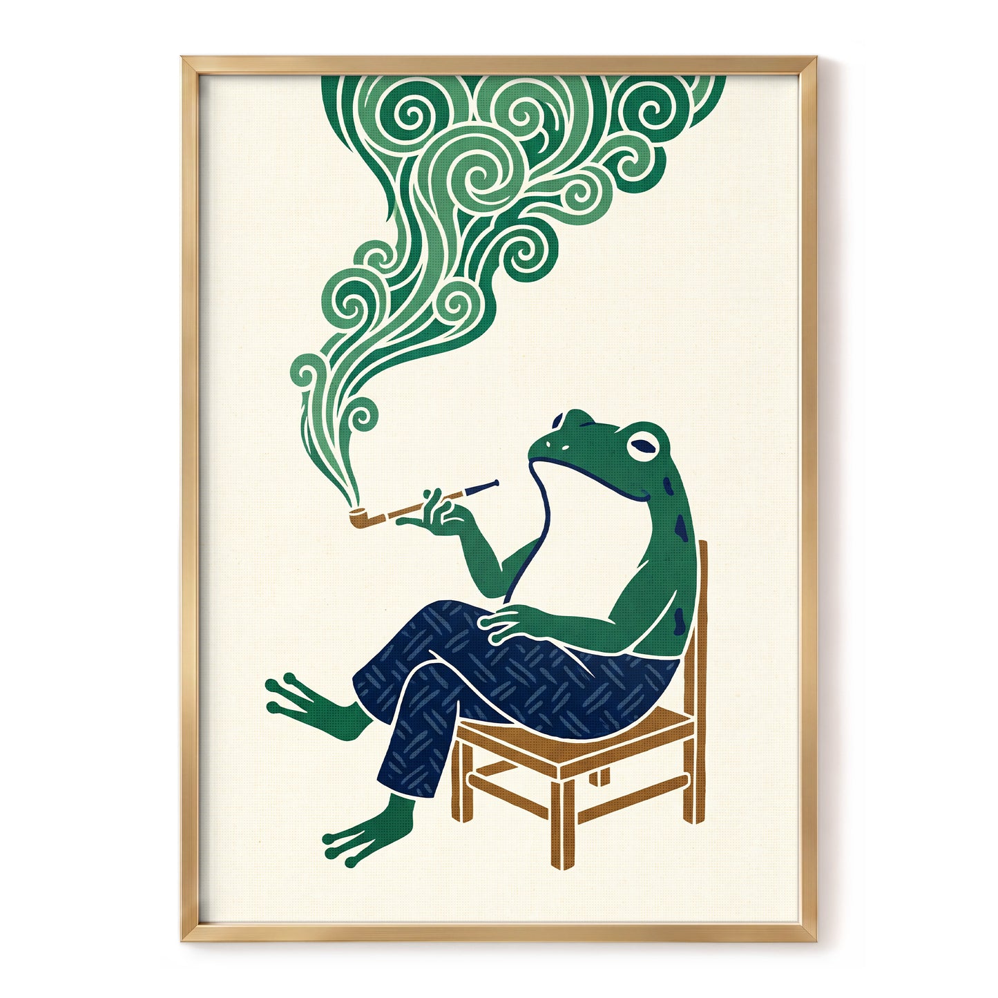 The Pipe-Smoking Frog, green, beige, blue nature wall art, front artwork view