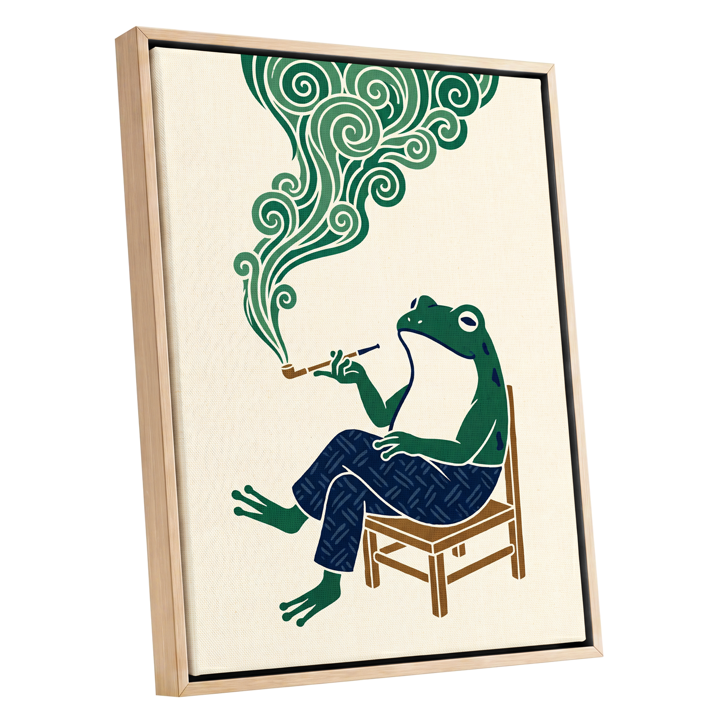 The Pipe-Smoking Frog, green, beige, blue nature wall art shown as a oak framed canvas wall art
