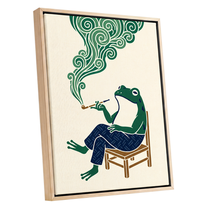 The Pipe-Smoking Frog, green, beige, blue nature wall art shown as a oak framed canvas wall art