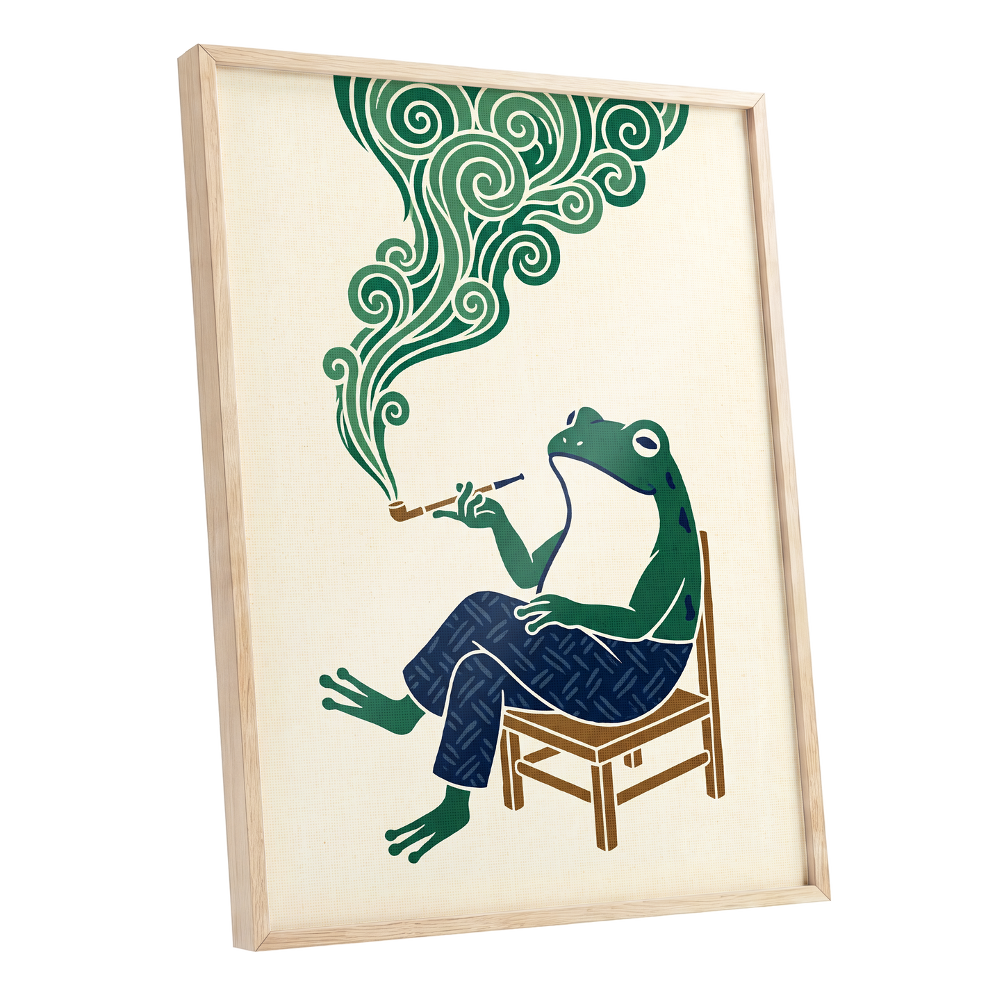 The Pipe-Smoking Frog, green, beige, blue nature wall art shown as a oak framed poster wall art print
