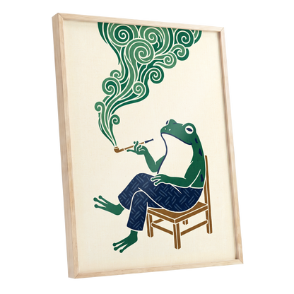 The Pipe-Smoking Frog, green, beige, blue nature wall art shown as a oak framed poster wall art print