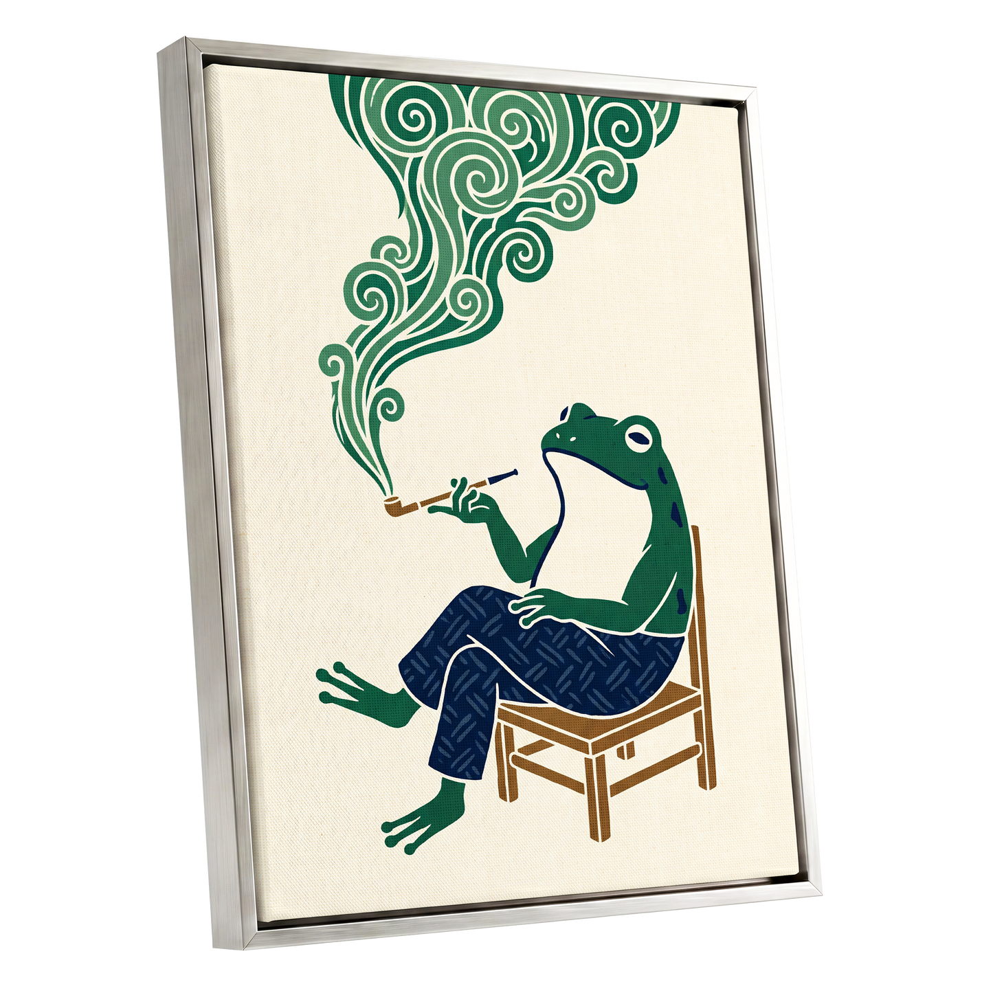 The Pipe-Smoking Frog, green, beige, blue nature wall art shown as a silver framed canvas wall art