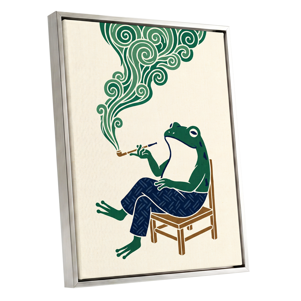 The Pipe-Smoking Frog, green, beige, blue nature wall art shown as a silver framed canvas wall art