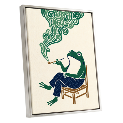 The Pipe-Smoking Frog, green, beige, blue nature wall art shown as a silver framed canvas wall art