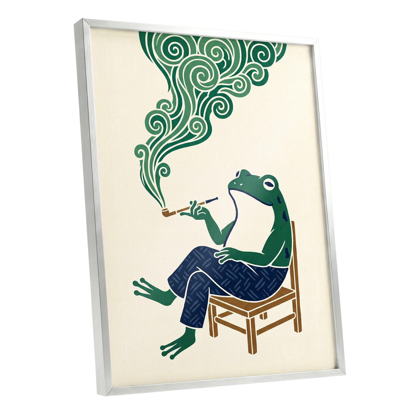 The Pipe-Smoking Frog, green, beige, blue nature wall art shown as a silver framed poster wall art print