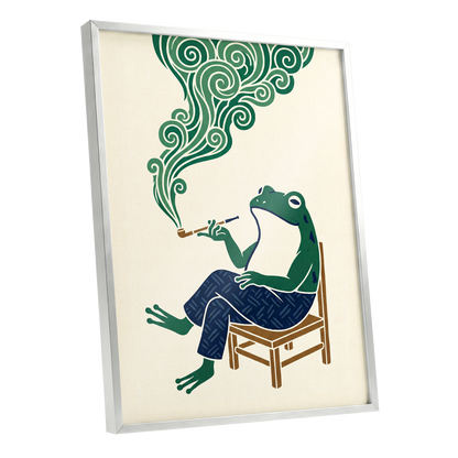 The Pipe-Smoking Frog, green, beige, blue nature wall art shown as a silver framed poster wall art print