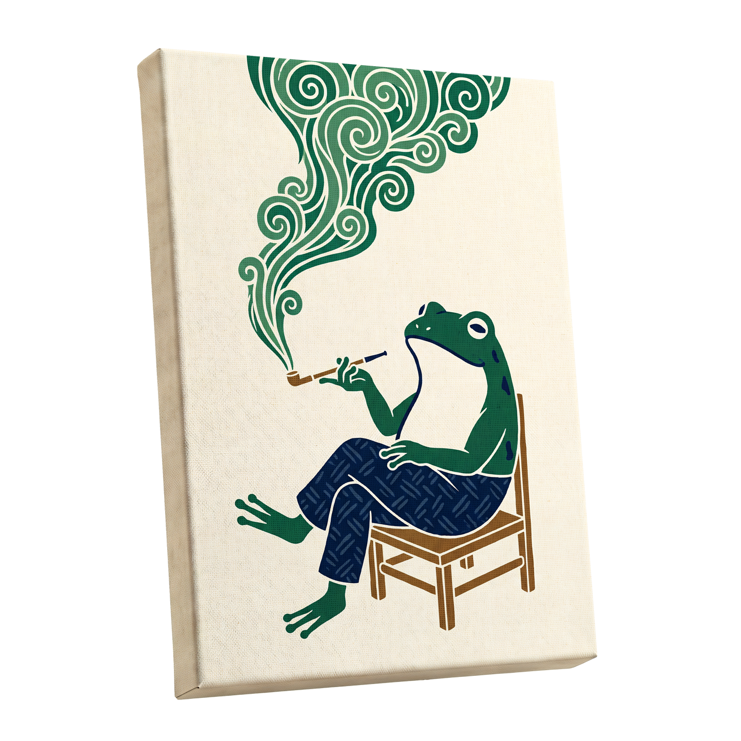 The Pipe-Smoking Frog, green, beige, blue nature wall art shown as a stretched canvas wall art