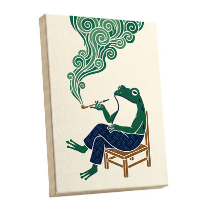 The Pipe-Smoking Frog, green, beige, blue nature wall art shown as a stretched canvas wall art