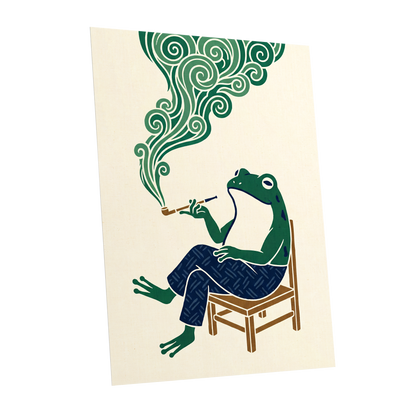 The Pipe-Smoking Frog, green, beige, blue nature wall art shown as a unframed poster wall art print