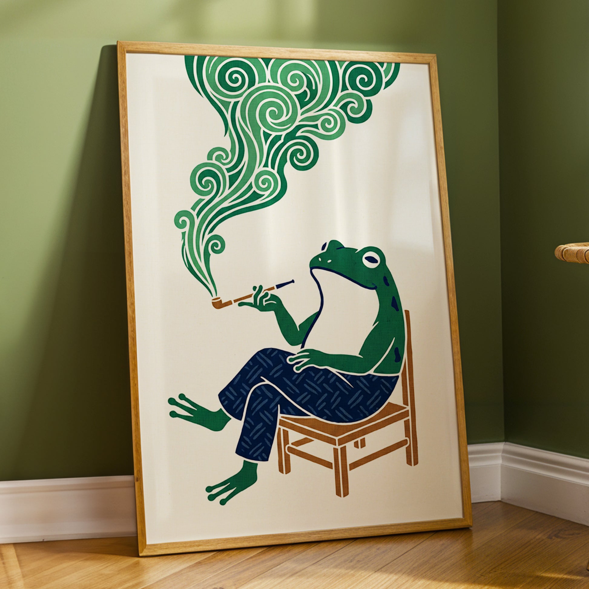 The Pipe-Smoking Frog, green, beige, blue nature wall art displayed in a styled interior, gallery view 2