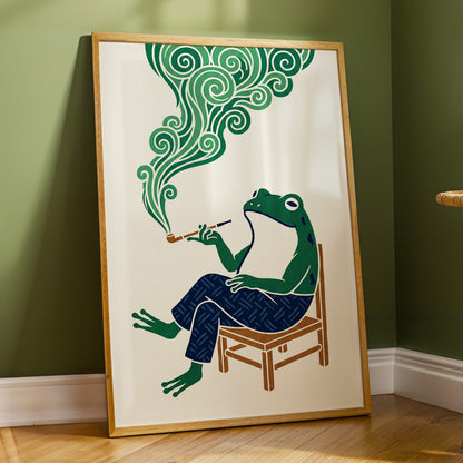 The Pipe-Smoking Frog, green, beige, blue nature wall art displayed in a styled interior, gallery view 2