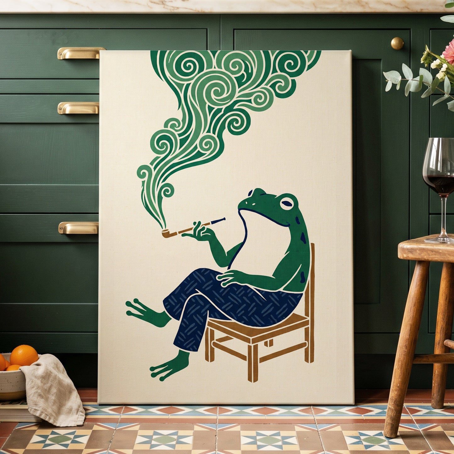 The Pipe-Smoking Frog, green, beige, blue nature wall art displayed in a styled interior, gallery view 3