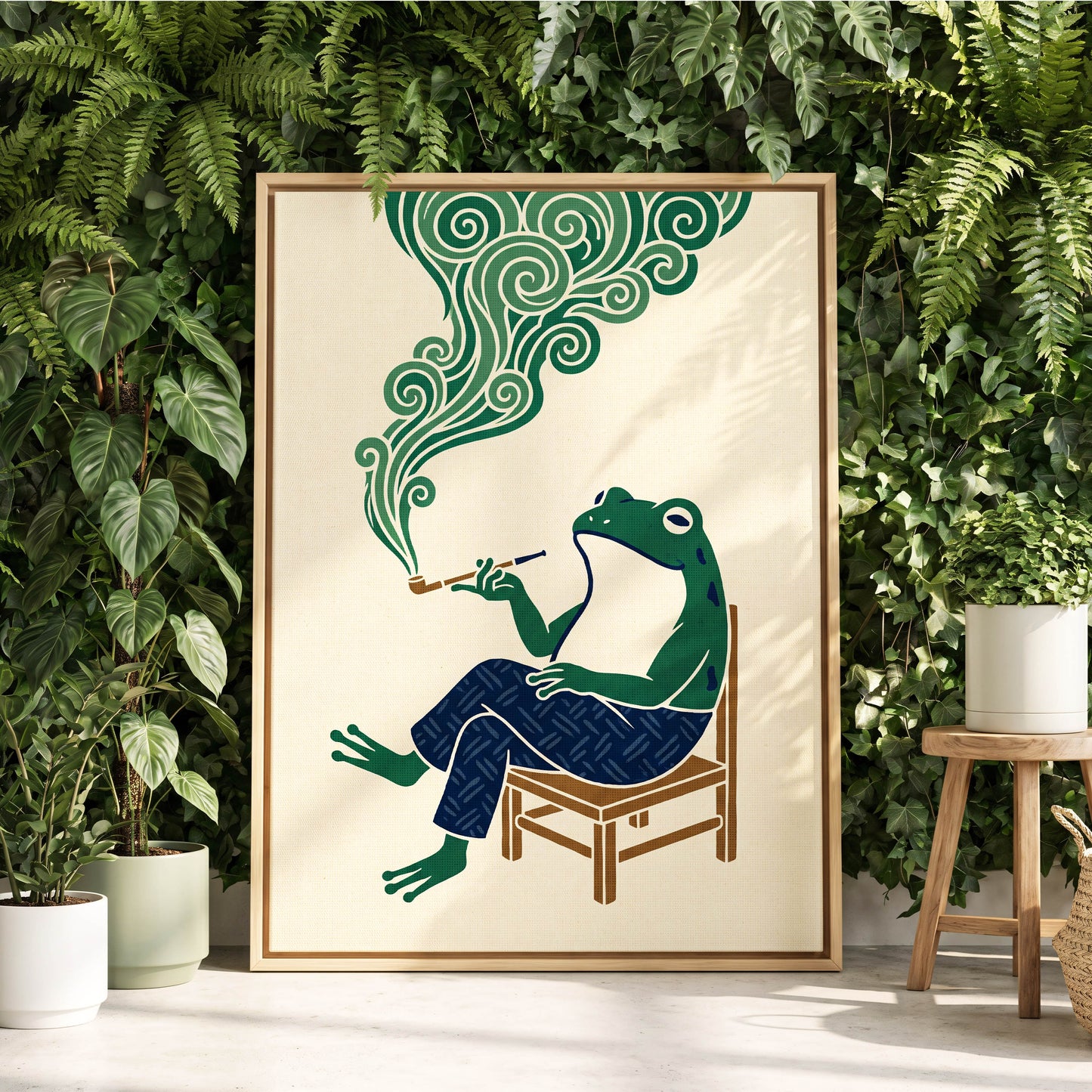 The Pipe-Smoking Frog, green, beige, blue nature wall art displayed in a styled interior, gallery view 4